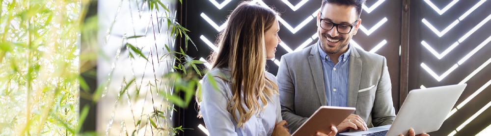 Consultants discussing business on laptop