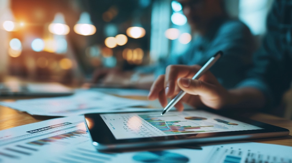 Hand holding stylus over tablet