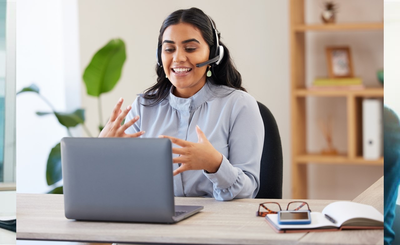 Woman talking with headphones