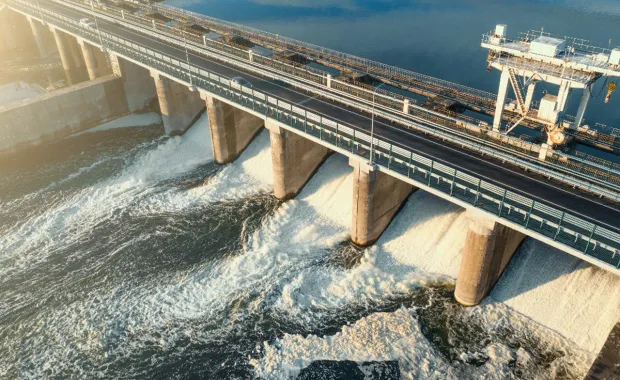 aerial view of a dam generating water power
