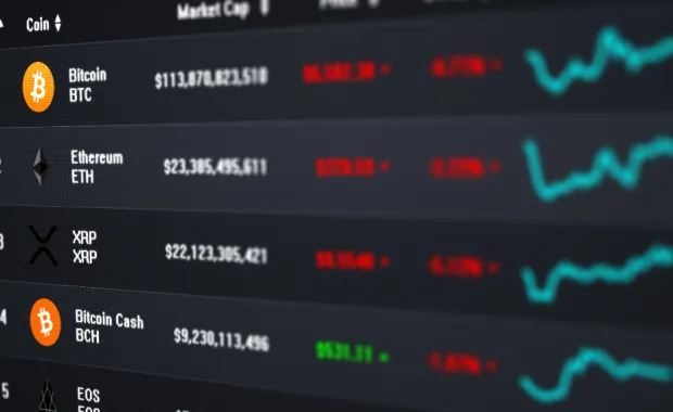 digital stock ticker showing cryptocurrency values