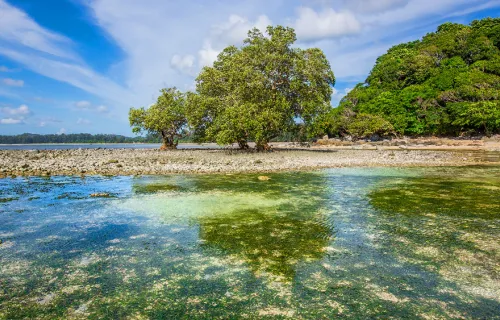 blue-green lake under blue sky