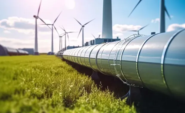 a hydrogen pipeline in a field with wind turbines in the background
