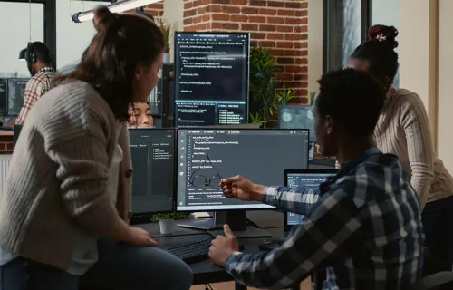 office professionals looking at monitor