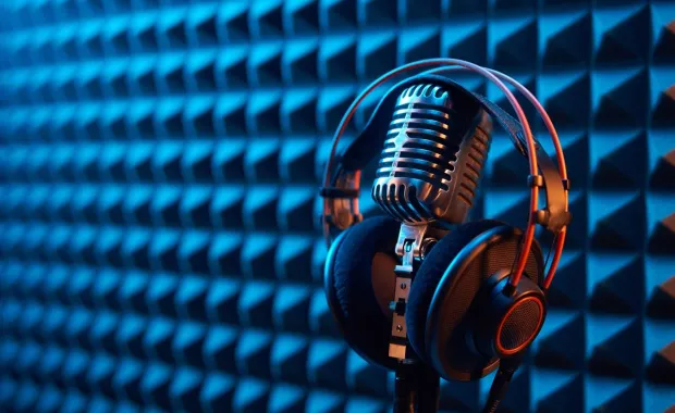 Headset hanging off of a microphone