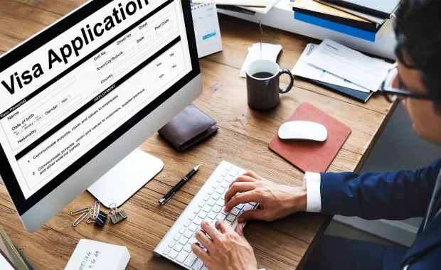 Person completing a visa application on a computer